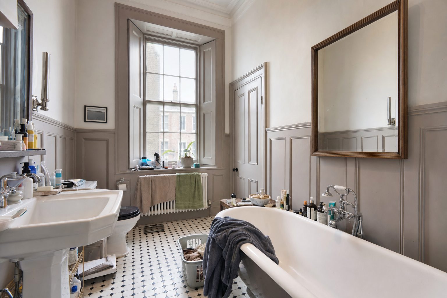 Een herenhuisbadkamer met zuilwastafel en oude luiken — Origineel