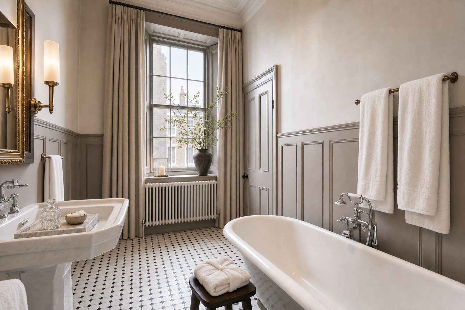 Een herenhuisbadkamer met zuilwastafel en oude luiken — In deze stijl