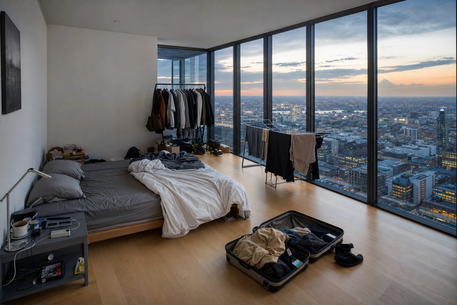 Een penthouse boven de stad in de schemering — Origineel