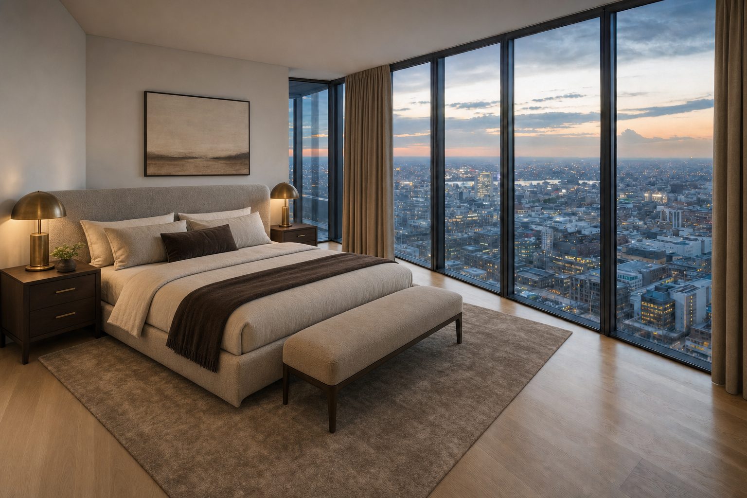 Een penthouse boven de stad in de schemering — In deze stijl