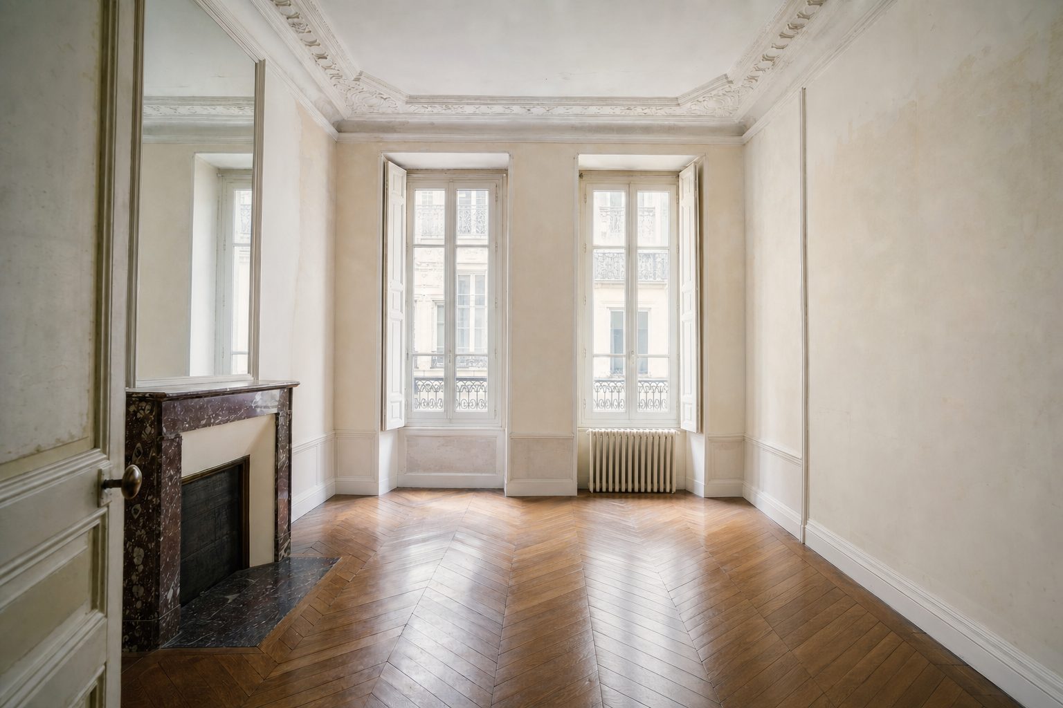 Een klassiek appartement met een marmeren schouw — Opgeruimd