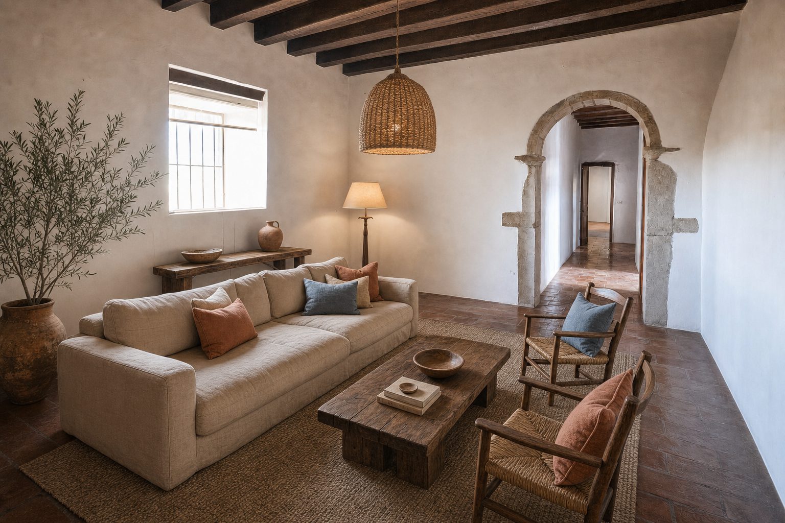 Ein gekalktes Dorfhaus mit Steinbogen — In diesem Stil