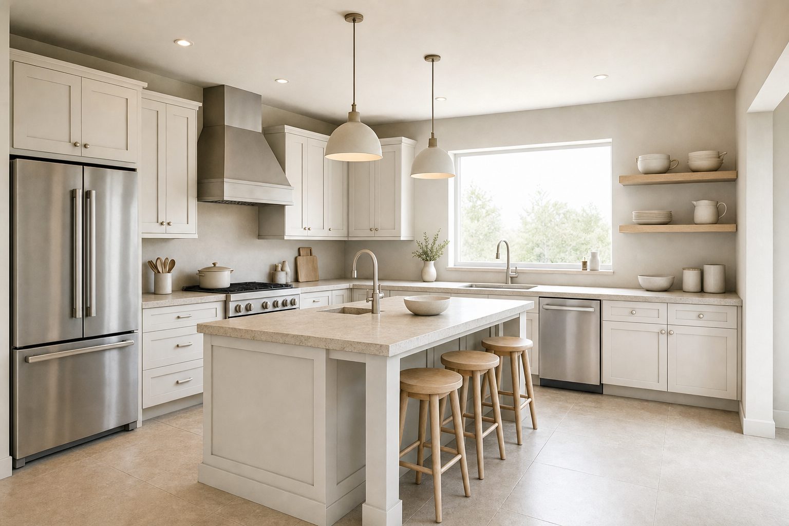 Rendu clay monochrome d'une cuisine, habillé de bois, de pierre et de laiton sous la lumière de la fenêtre. — Après