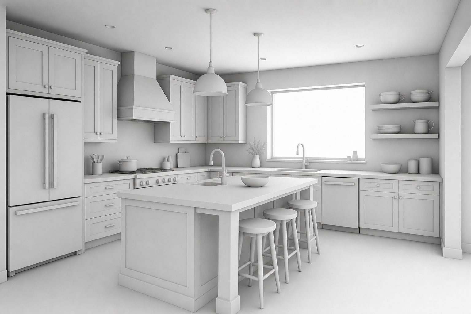 Rendu clay monochrome d'une cuisine, habillé de bois, de pierre et de laiton sous la lumière de la fenêtre. — Avant