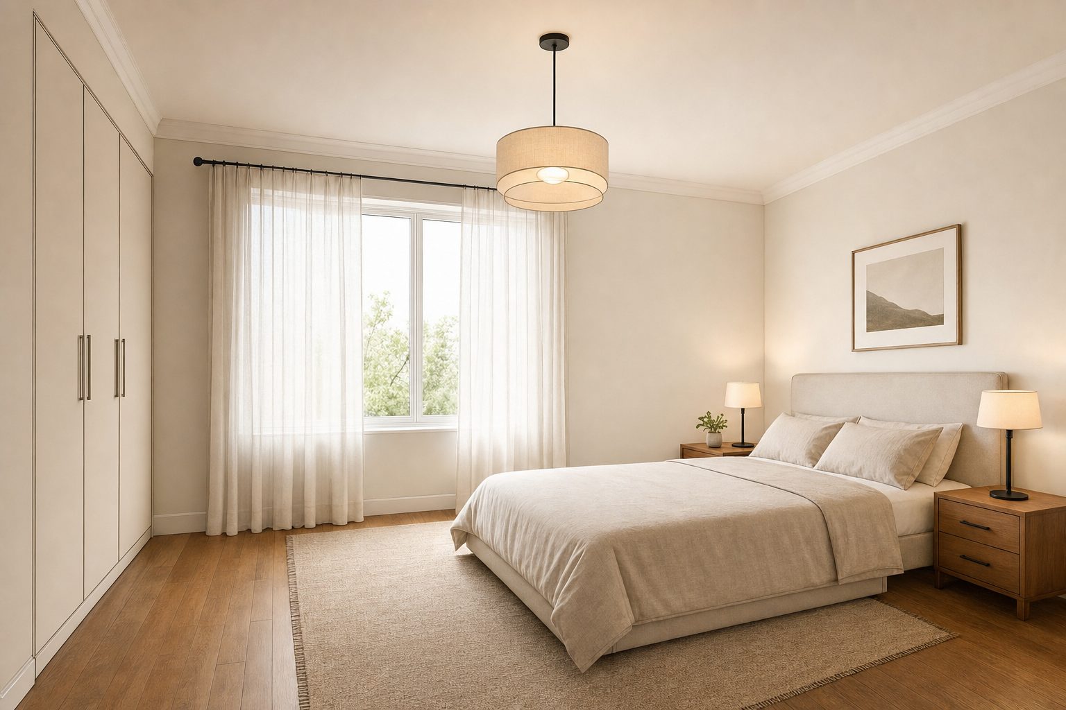Dibujo de línea de un dormitorio, estilo arquitecto, renderizado con lino, madera y luz de mañana. — Después
