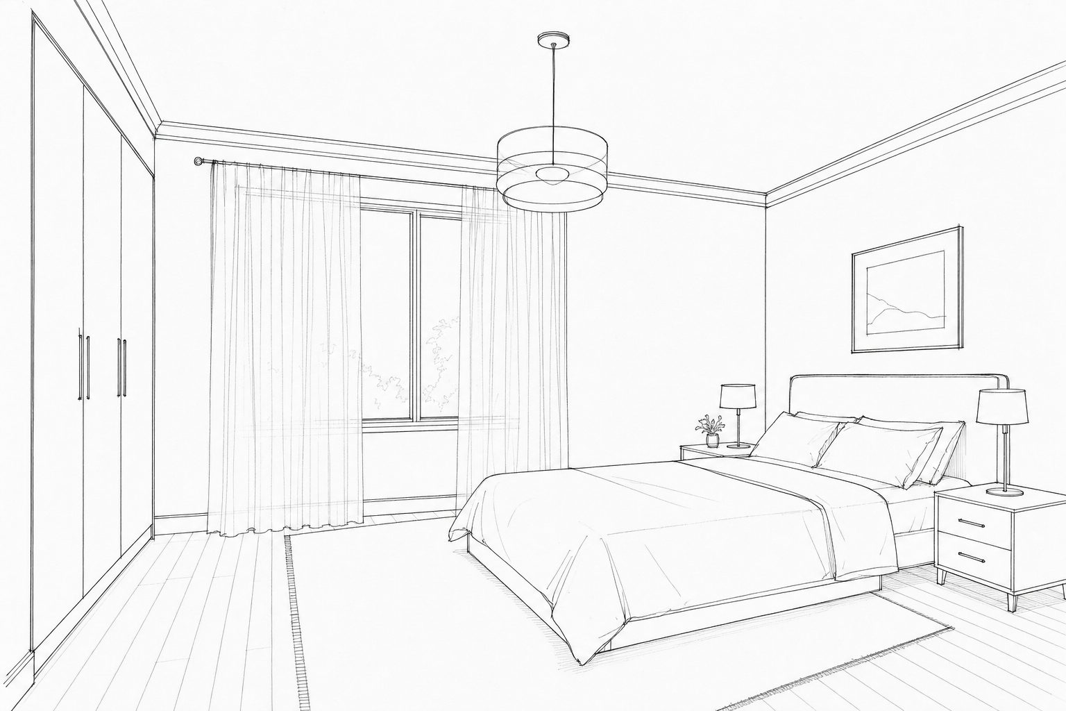 Dibujo de línea de un dormitorio, estilo arquitecto, renderizado con lino, madera y luz de mañana. — Antes