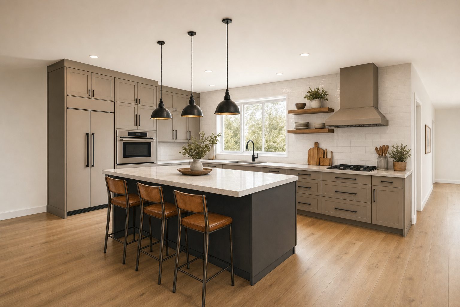 Boceto de cocina en perspectiva de dos puntos, con isla y lámparas colgantes, renderizado con piedra, madera y cerámica. — Después