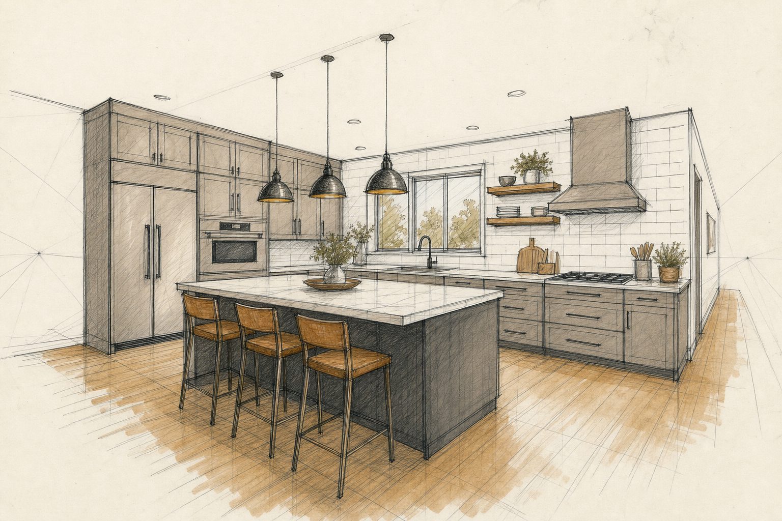 Boceto de cocina en perspectiva de dos puntos, con isla y lámparas colgantes, renderizado con piedra, madera y cerámica. — Antes