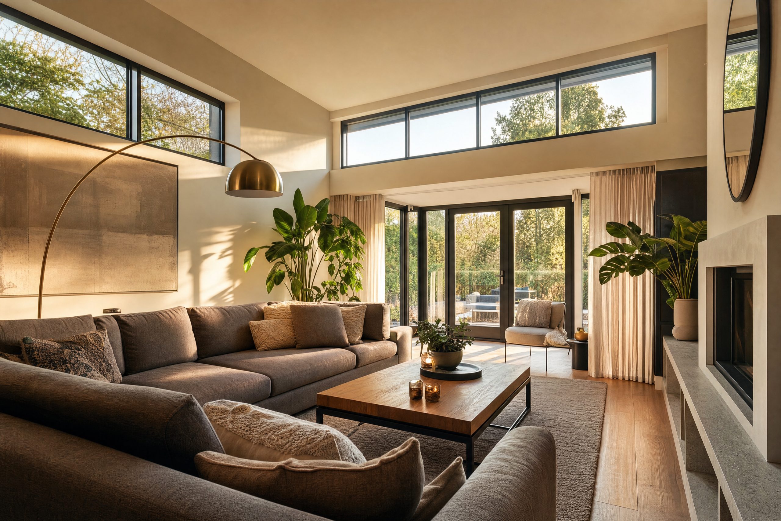 Living room listing photo virtually staged with AI in a warm modern style