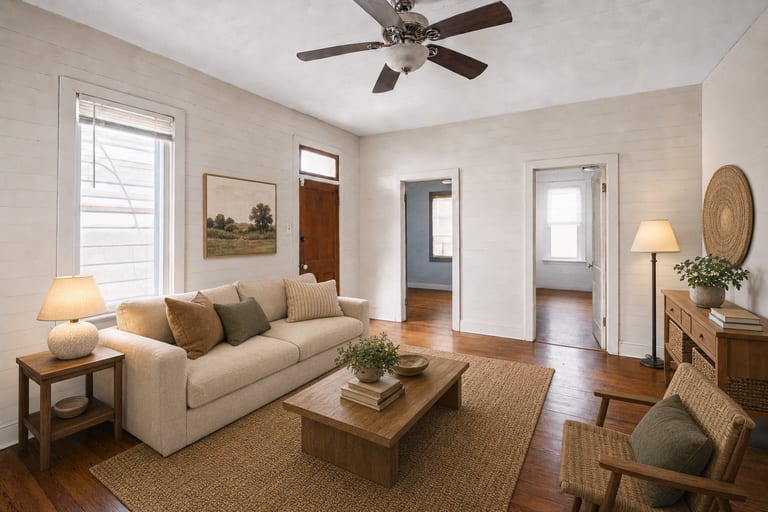 Virtual home staging in Austin — Bungalow living room, East Austin