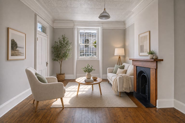 Virtual home staging in Cape Town — Victorian semi living room, Woodstock