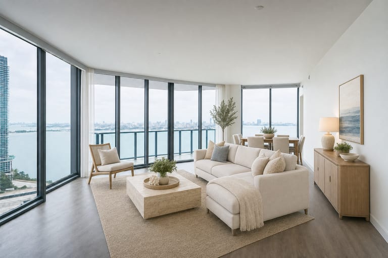 Virtual home staging in Miami — Waterfront condo living room, Brickell