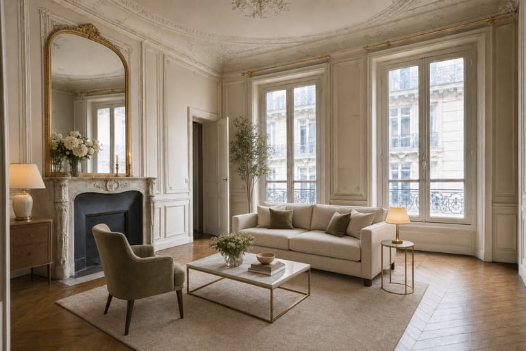 Home staging virtuel à Paris — Séjour haussmannien, 17e arrondissement