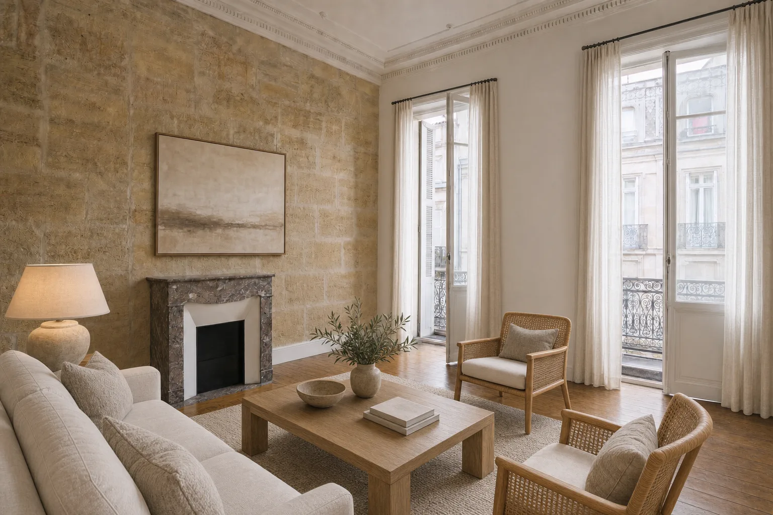 Séjour en pierre blonde avec mur de pierre apparente et cheminée de marbre — Mis en scène