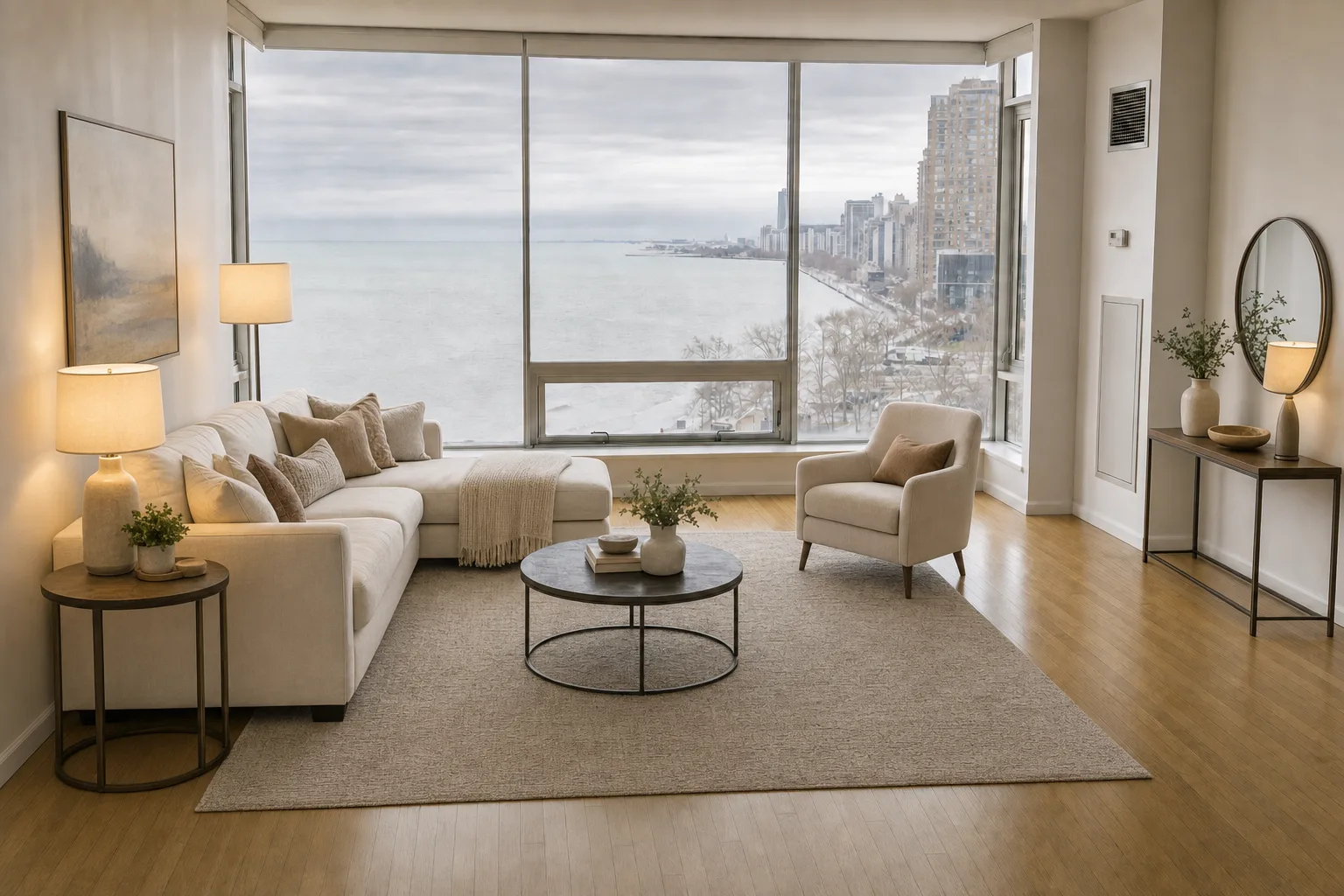 Lakefront condo living room, Lakeview — Staged