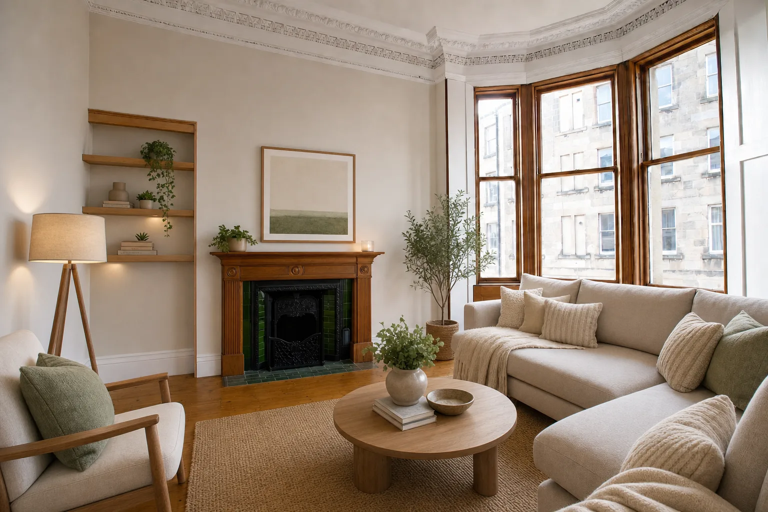 Stone tenement living room, Leith — Staged