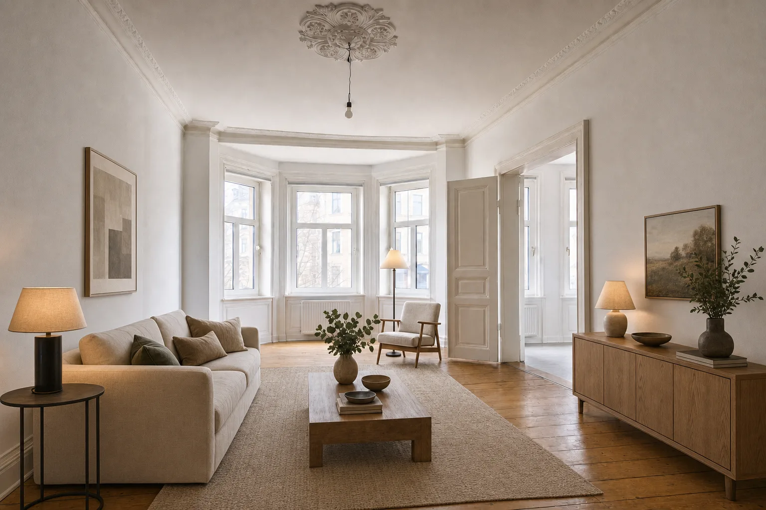 Wohnzimmer mit Erker, Schleußig — Eingerichtet
