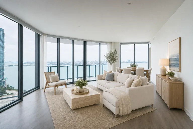Virtual home staging in Miami — Waterfront condo living room, Brickell