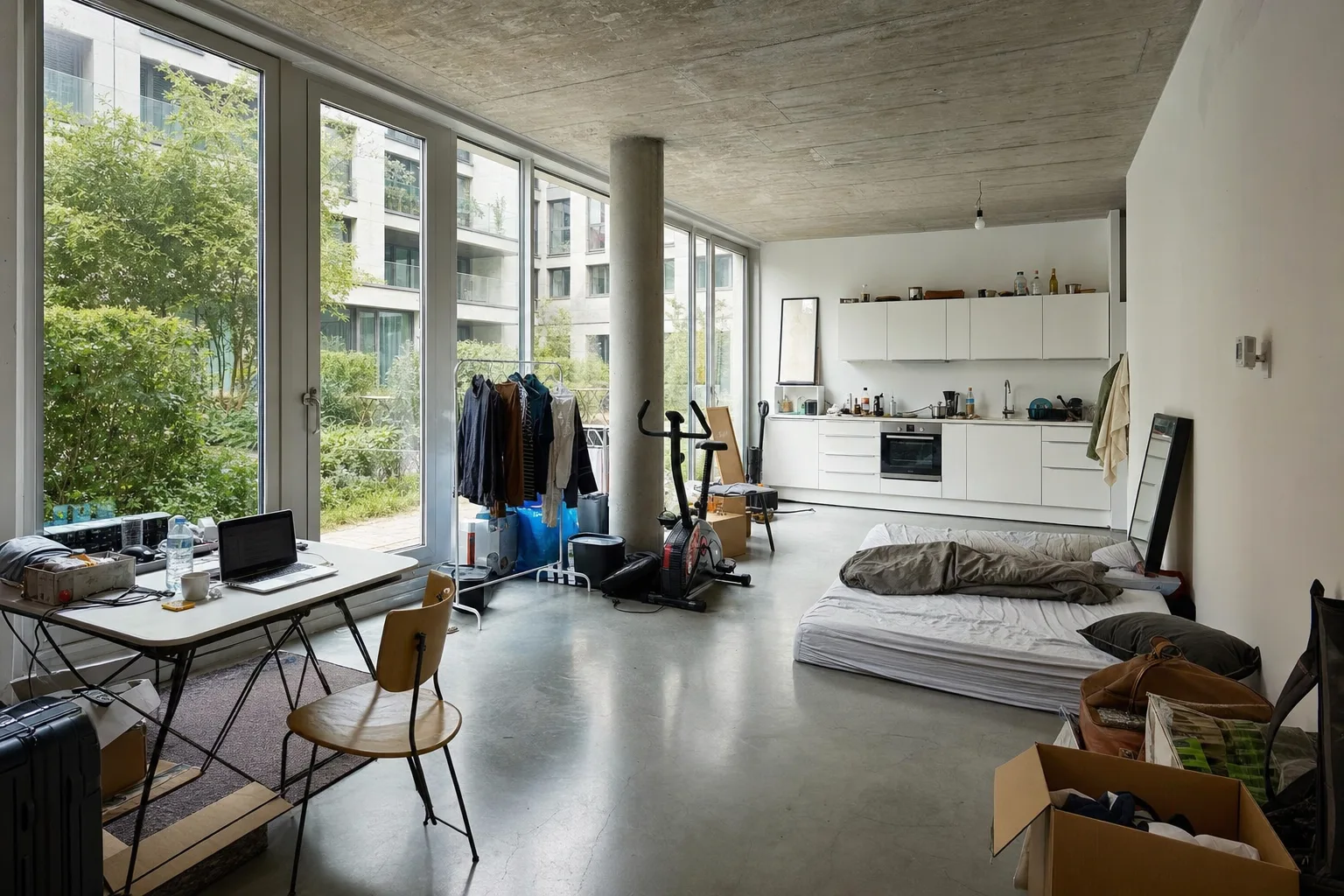 Offener Wohnbereich in einem Neubau mit Betonboden und Glasfront zum Innenhof — Original