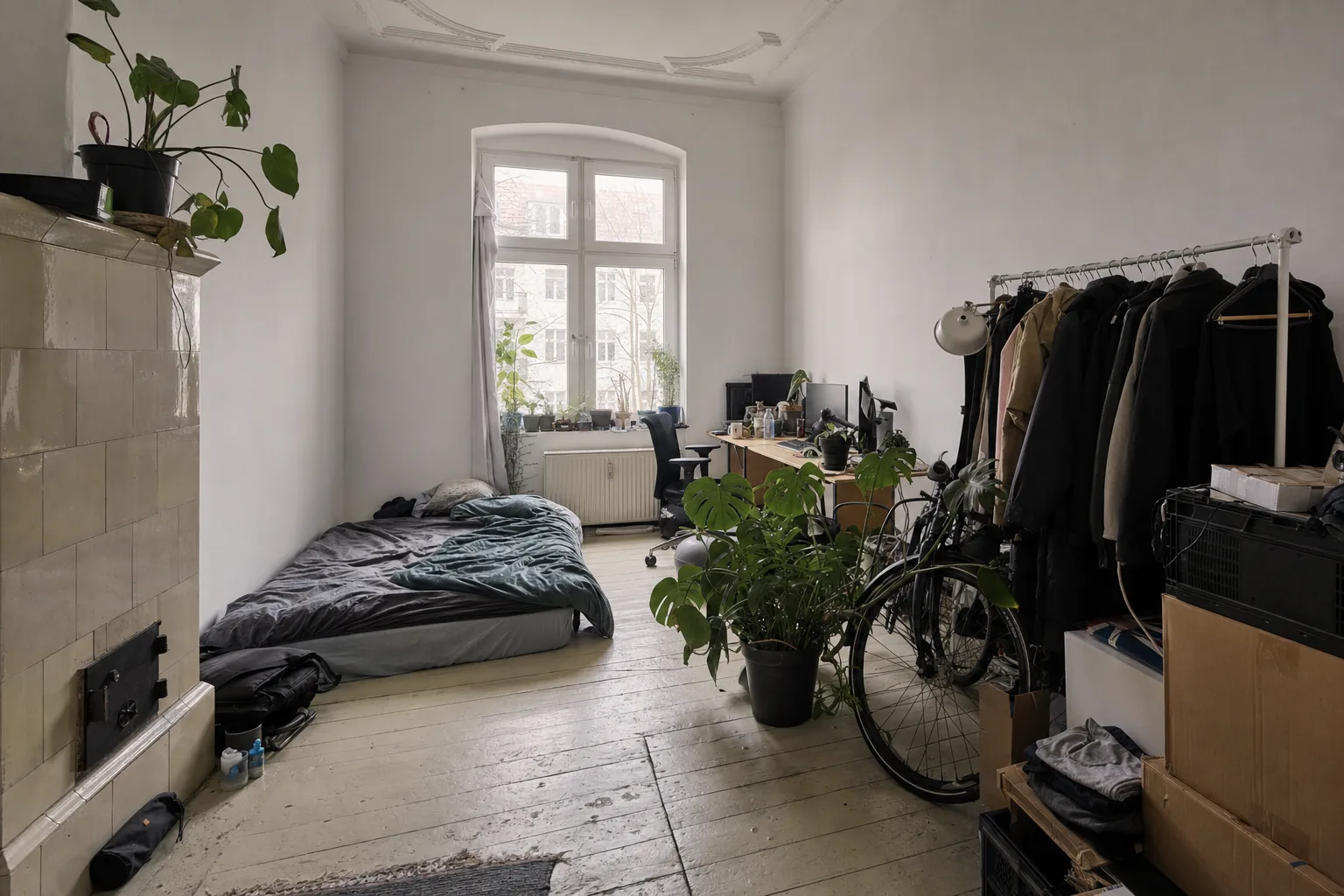Altbau-Wohnzimmer mit Kachelofen und Hofblick nahe Weserstraße — Original