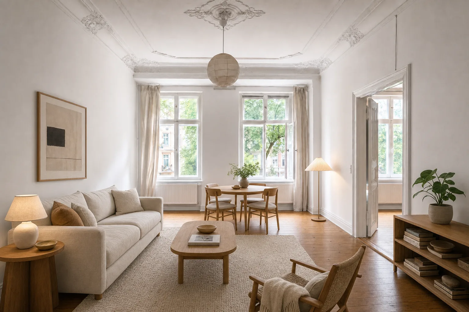 Saniertes Altbau-Wohnzimmer mit Stuck nahe Florakiez — Eingerichtet