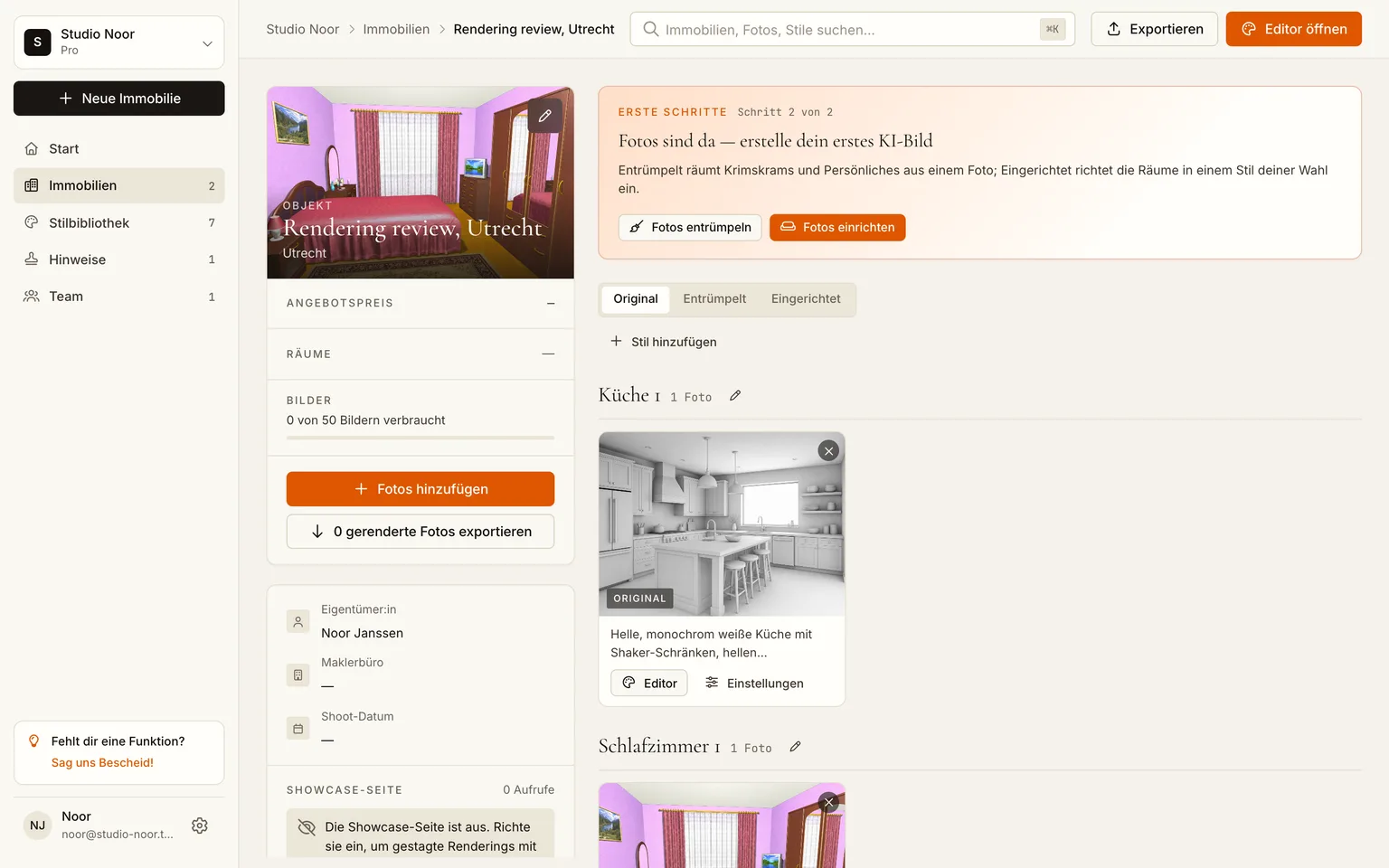 Die Projektseite mit den nach Räumen sortierten Render-Inputs und dem ersten fotorealistischen Rendering in Arbeit