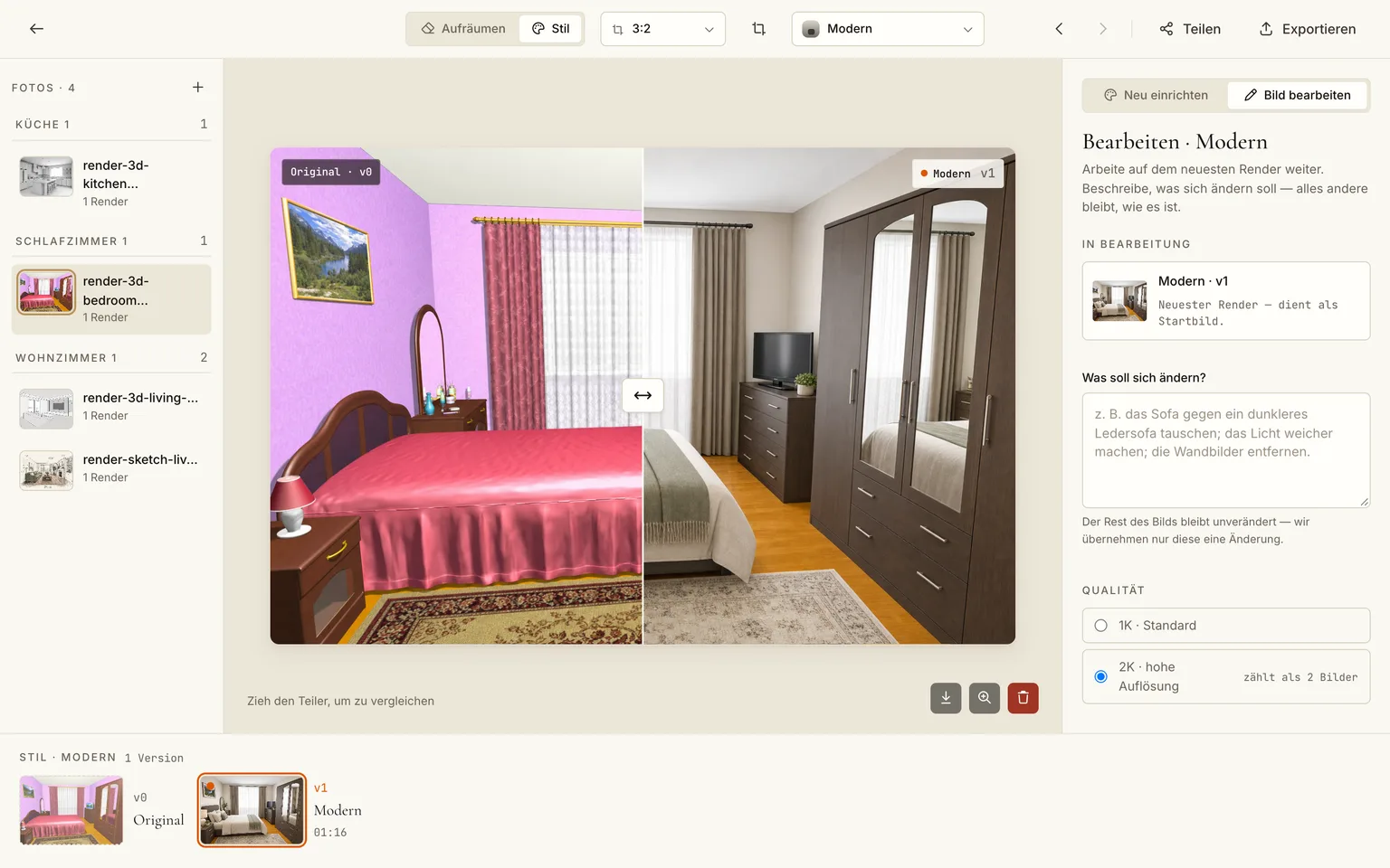 Der Editor vergleicht ein altes CGI-Schlafzimmer mit seiner fotorealistischen Version