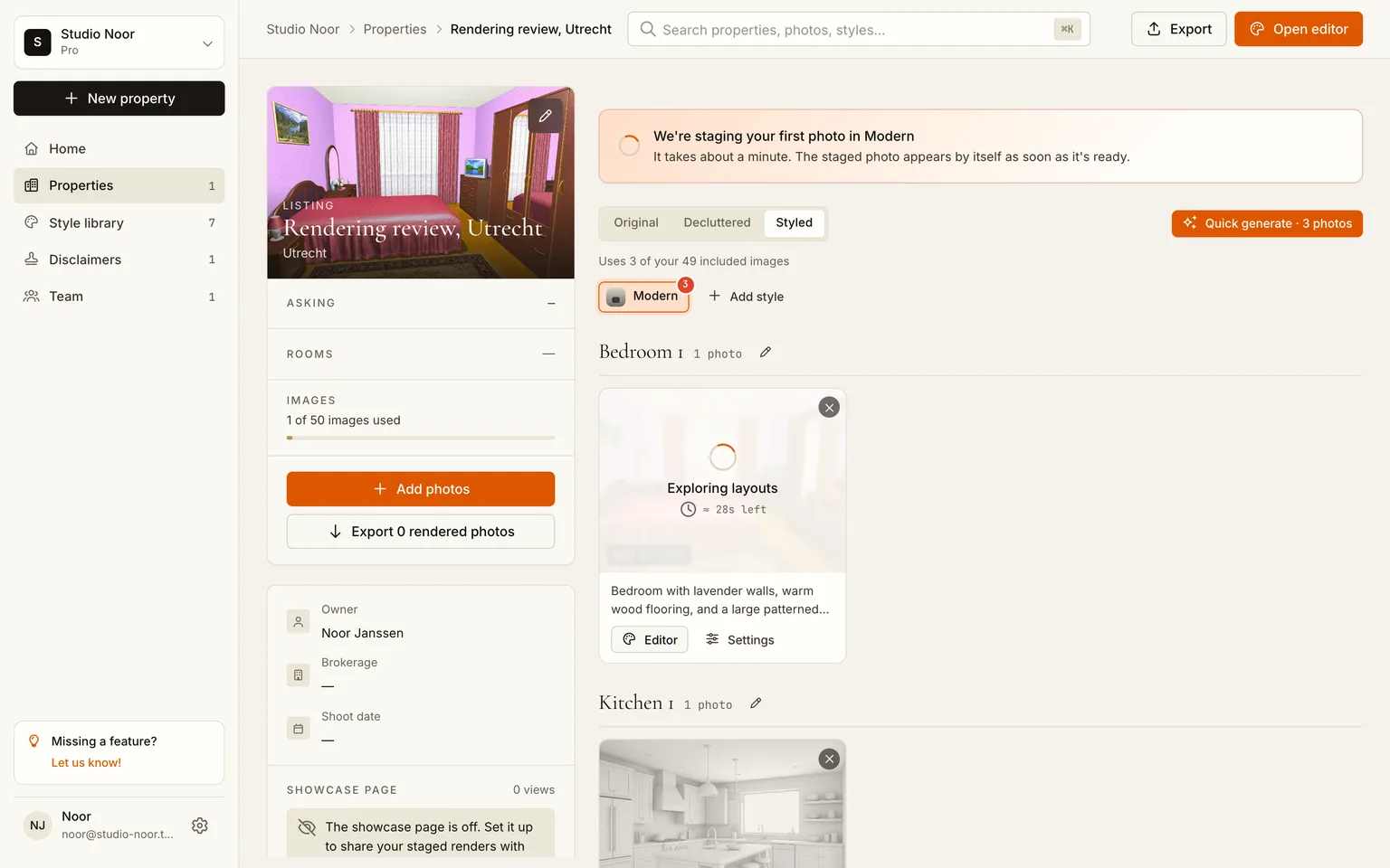 The project page with the render inputs sorted into rooms and the first photorealistic render in progress
