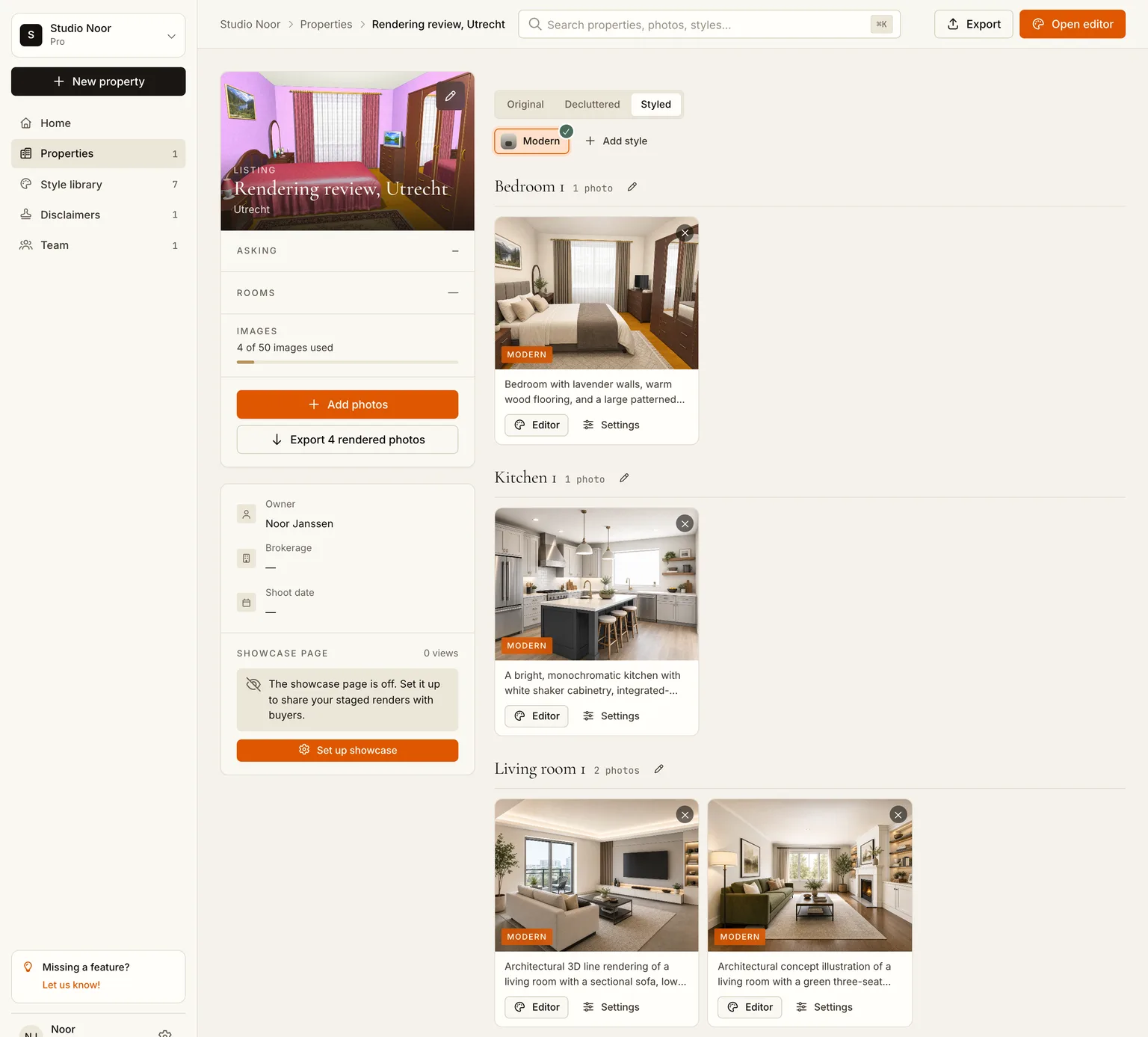The Styled tab with every render input turned photorealistic in the Modern style