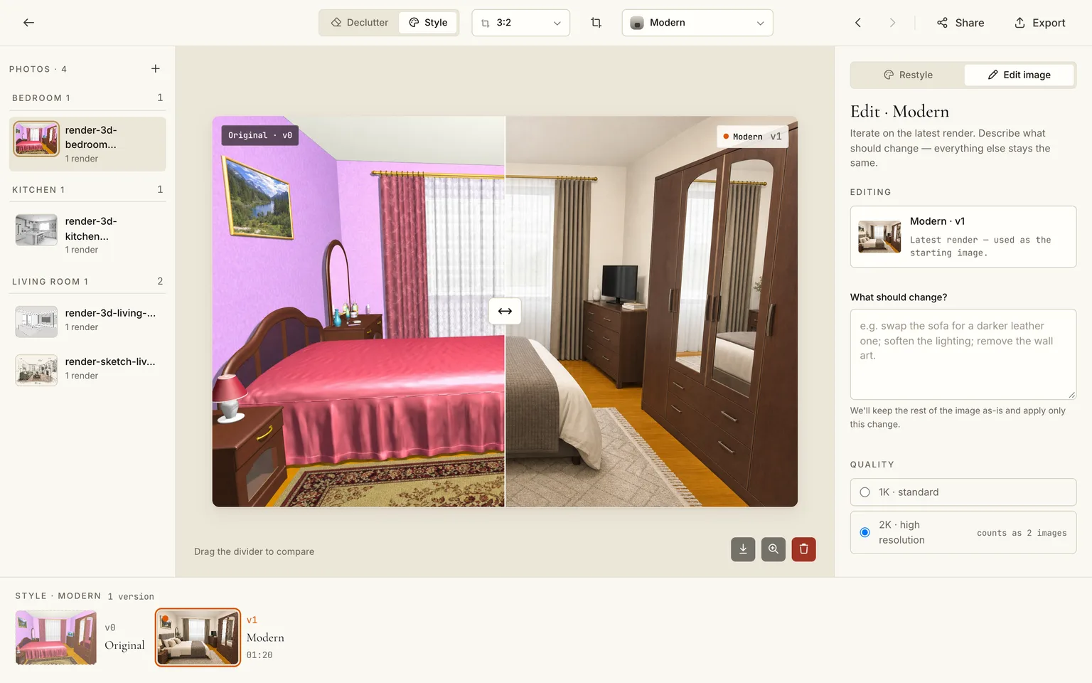 The editor comparing a dated CGI bedroom with its photorealistic version