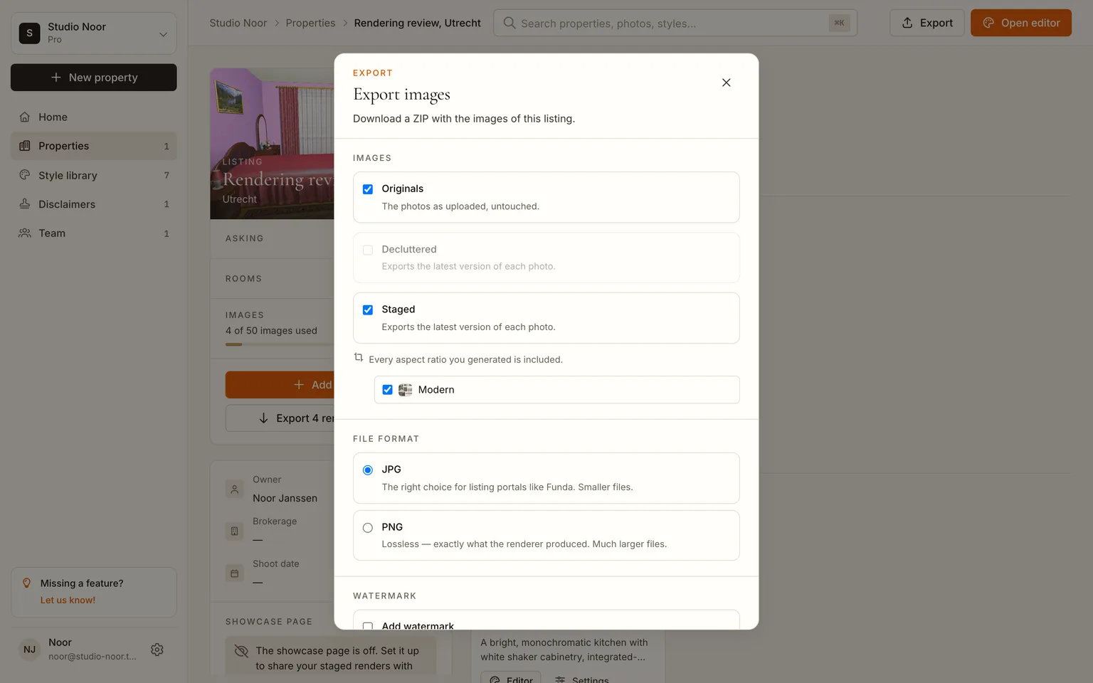 The export dialog with originals and styled renders selected