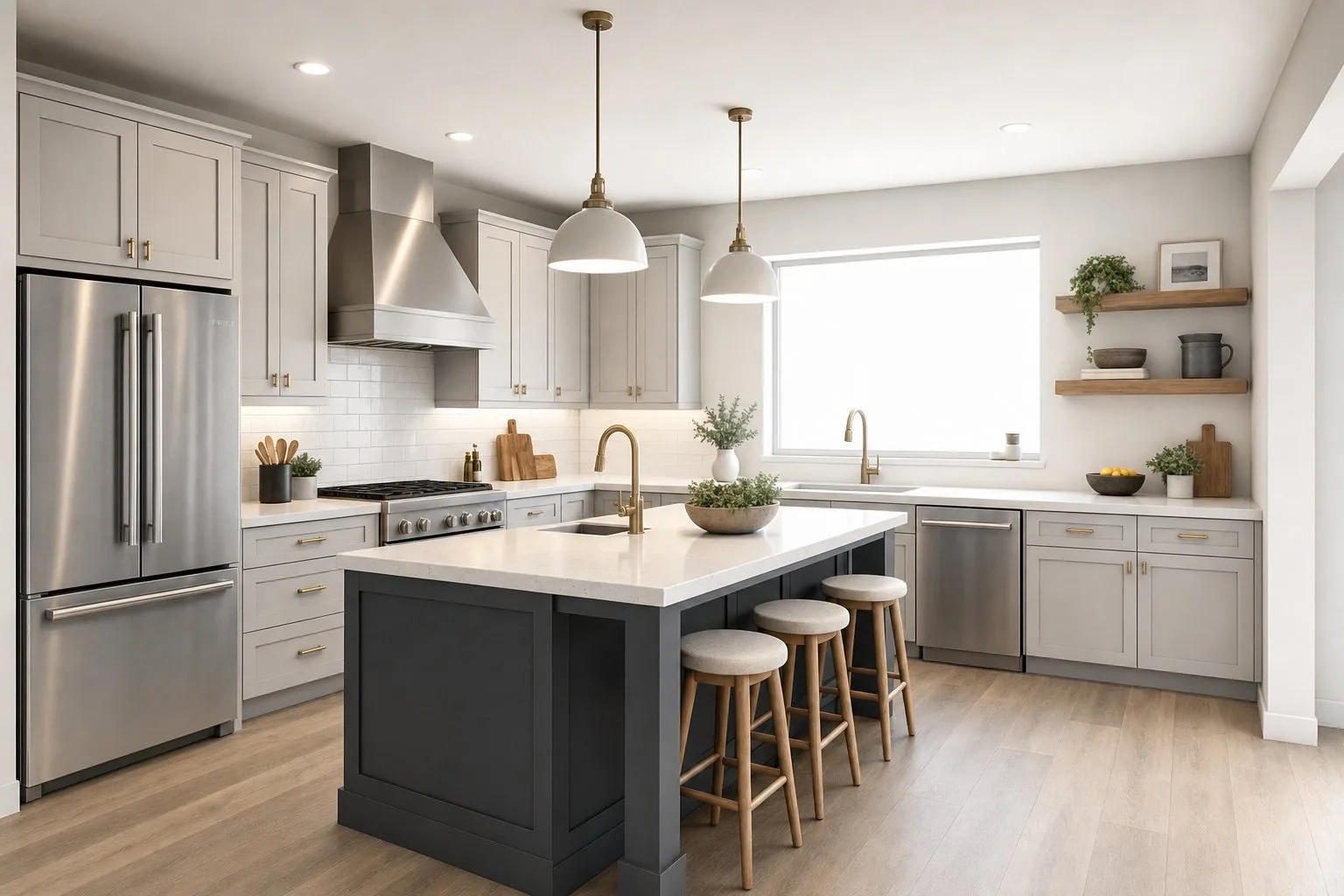 Clay render of a kitchen and its photorealistic version — Photorealistic