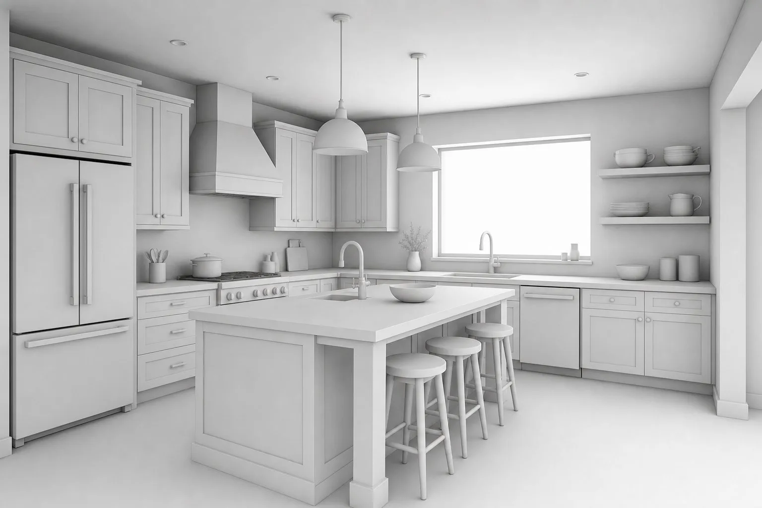 Clay render of a kitchen and its photorealistic version — Clay render