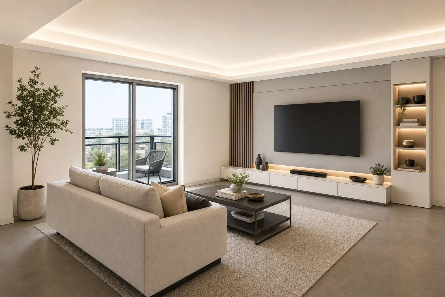 Flat-shaded living room viewport and its photorealistic version — Photorealistic