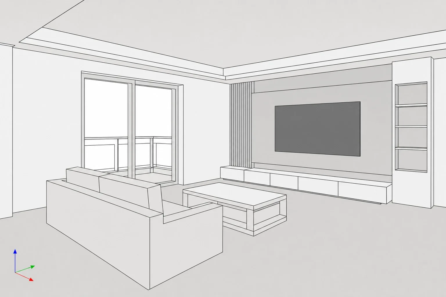 Flat-shaded living room viewport and its photorealistic version — Viewport
