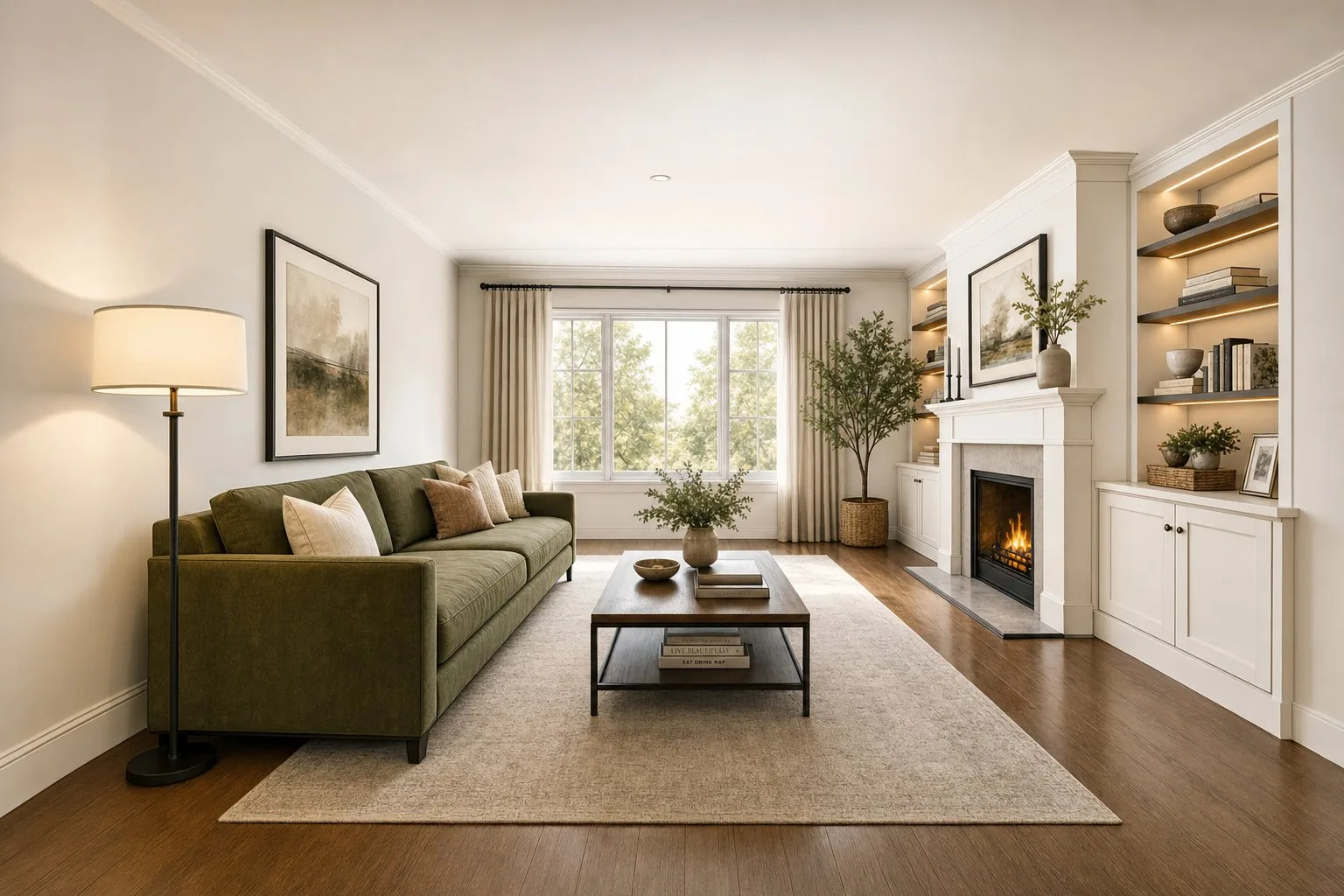 A hand-drawn living room sketch and its photorealistic version — Photorealistic