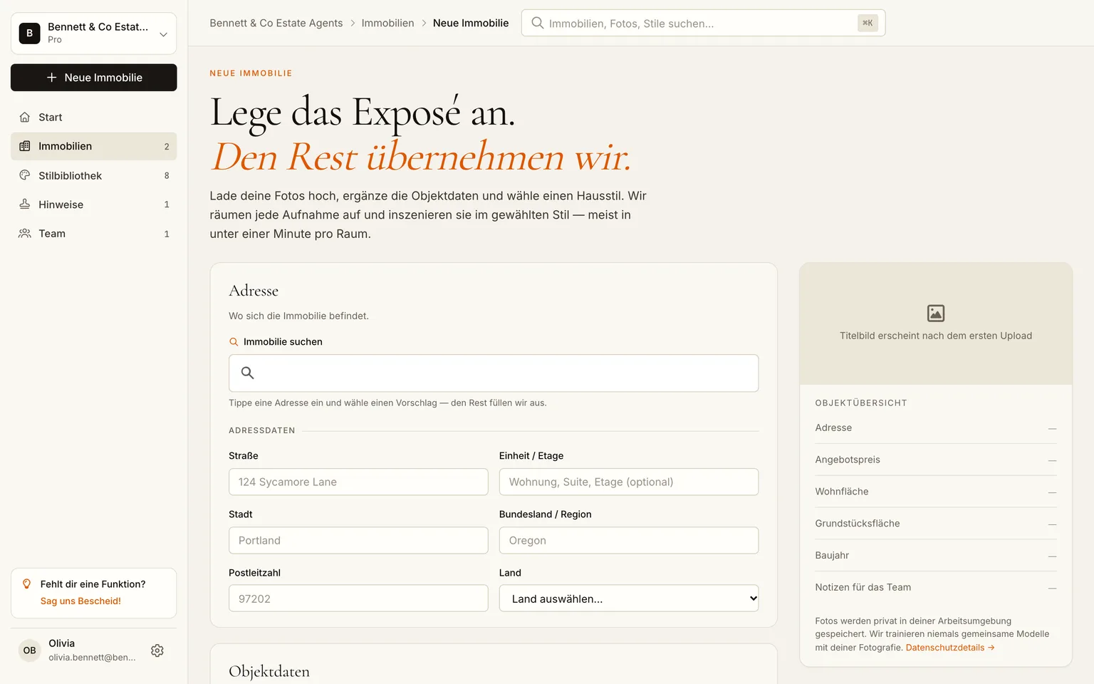 Das Formular für ein neues Objekt mit Adresse und Angebotspreis