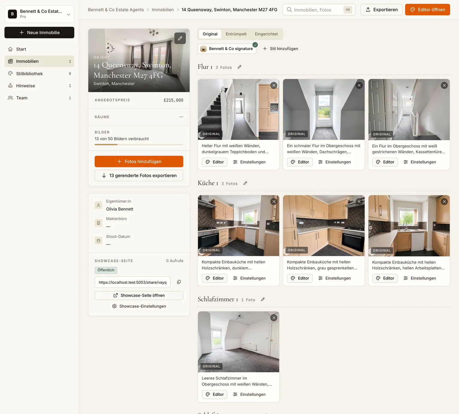 Der Tab „Original" mit dreizehn Fotos, gruppiert in Wohnzimmer, Küche, Schlafzimmer und Flur