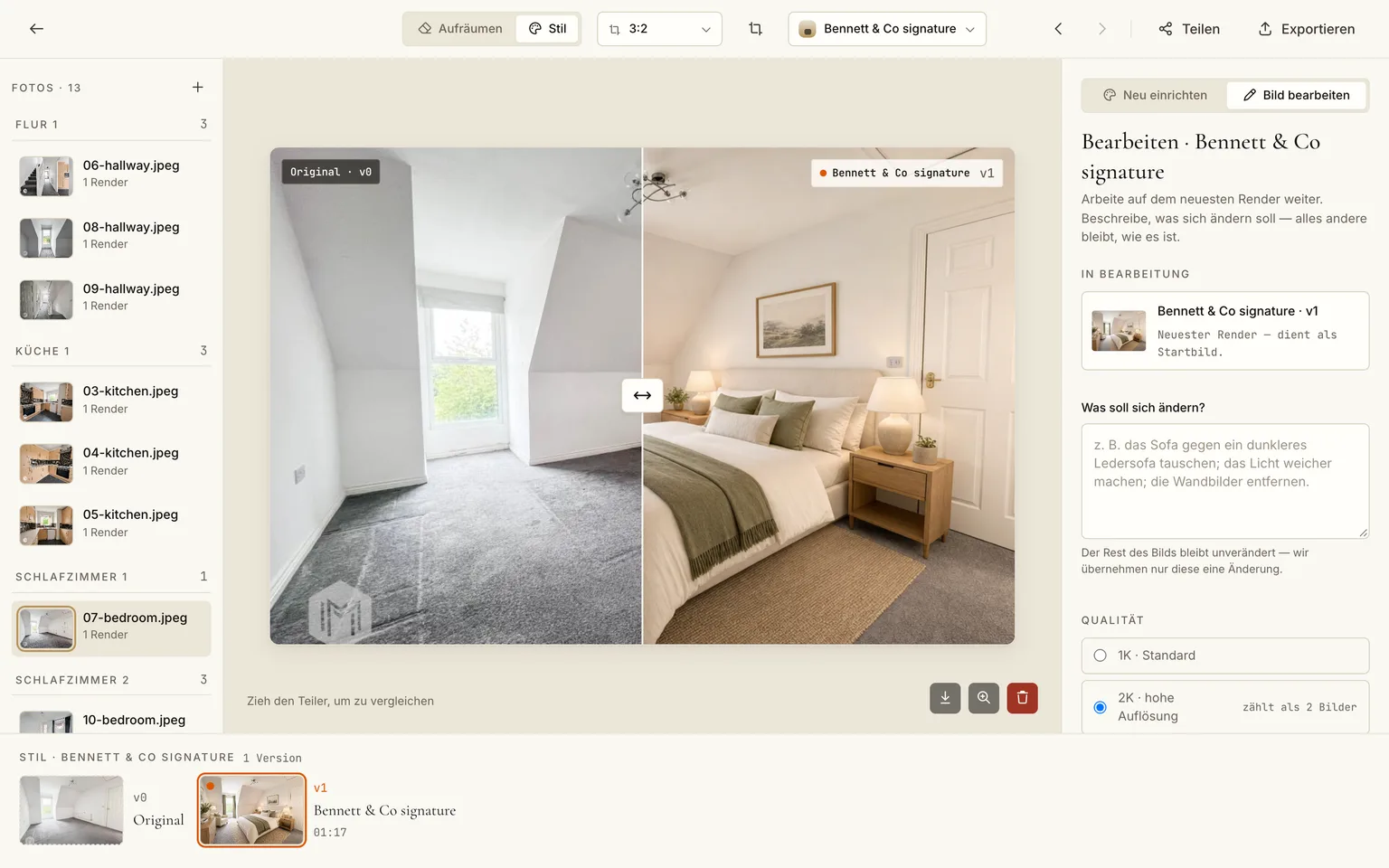 Der Editor mit einem eingerichteten Schlafzimmer, der Versionsleiste und dem Render-Panel