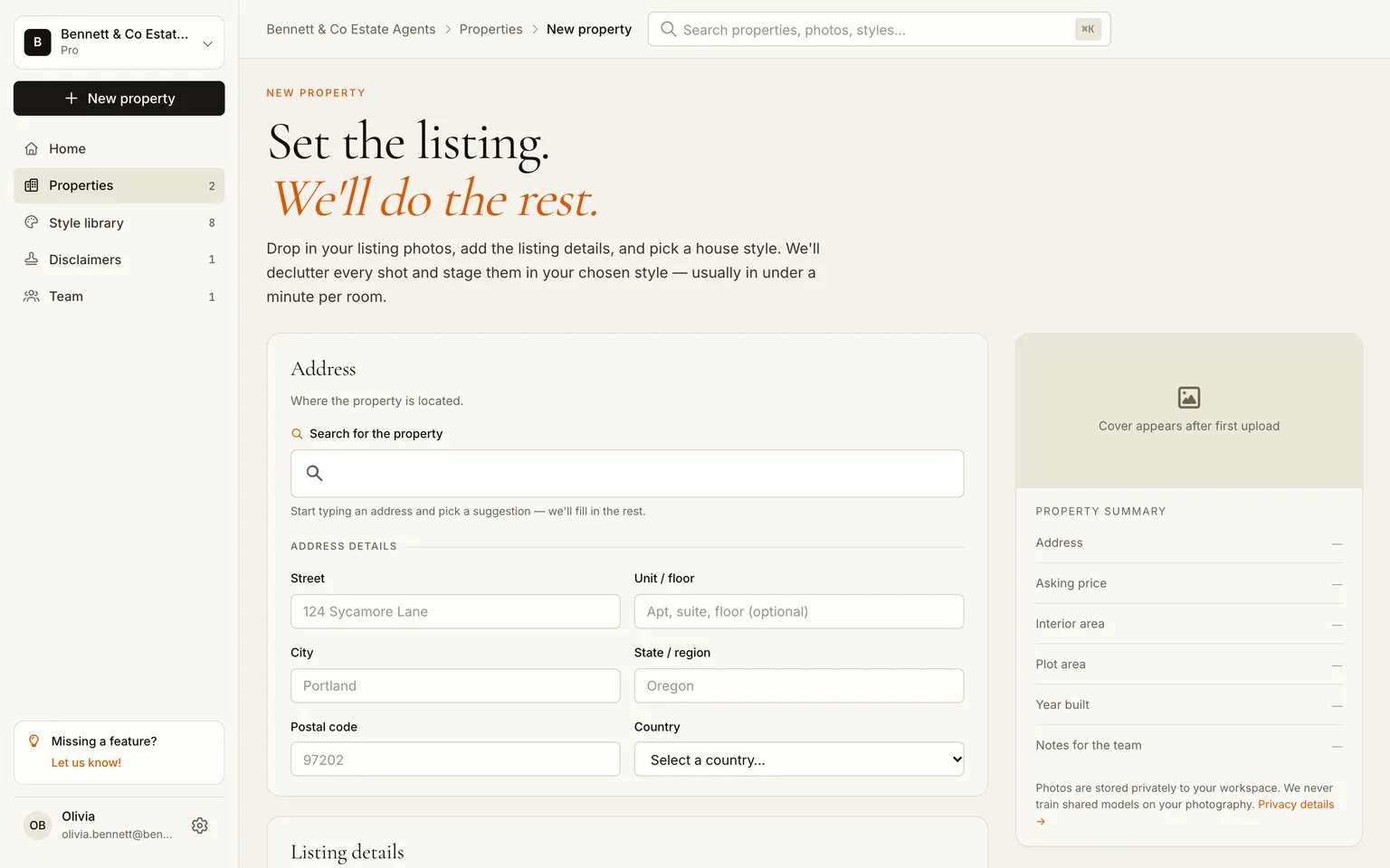 The new property form with address and asking price filled in