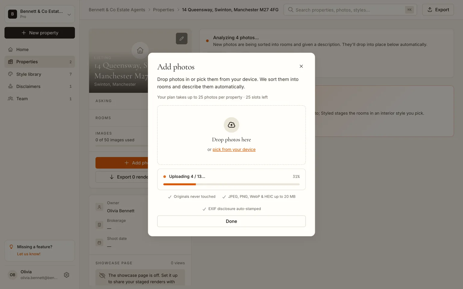 The Add photos dialog uploading thirteen files with a progress bar