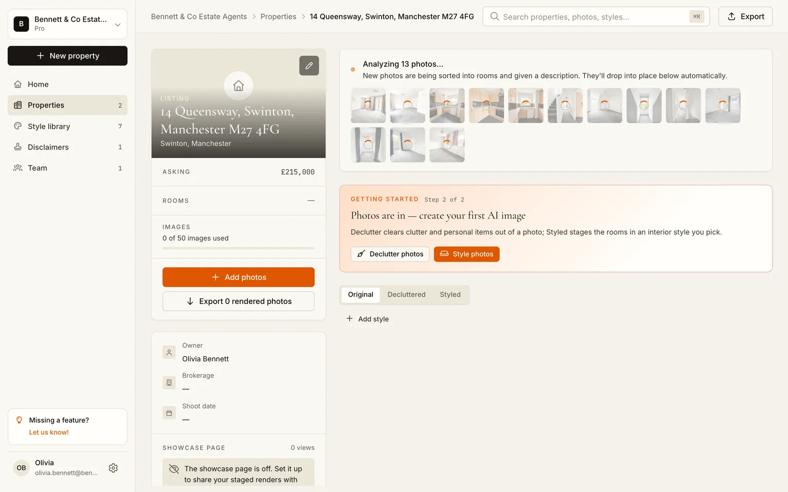 The property page with a processing strip while photos are analysed and sorted
