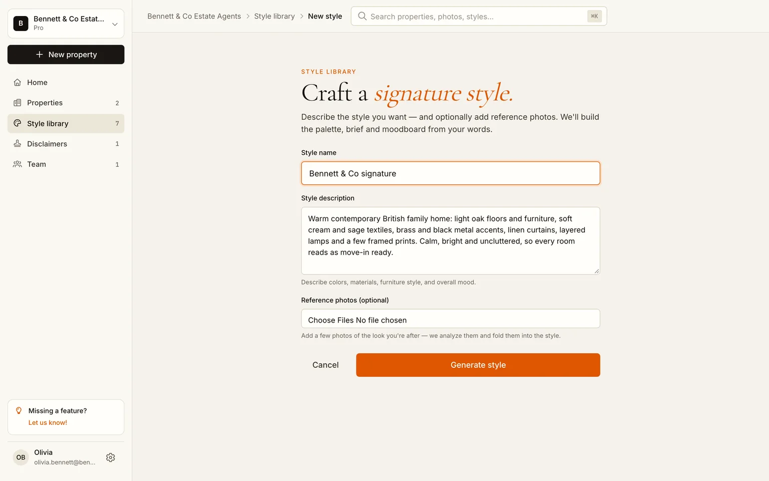 The custom style form with a name and a written description of the agency's house style