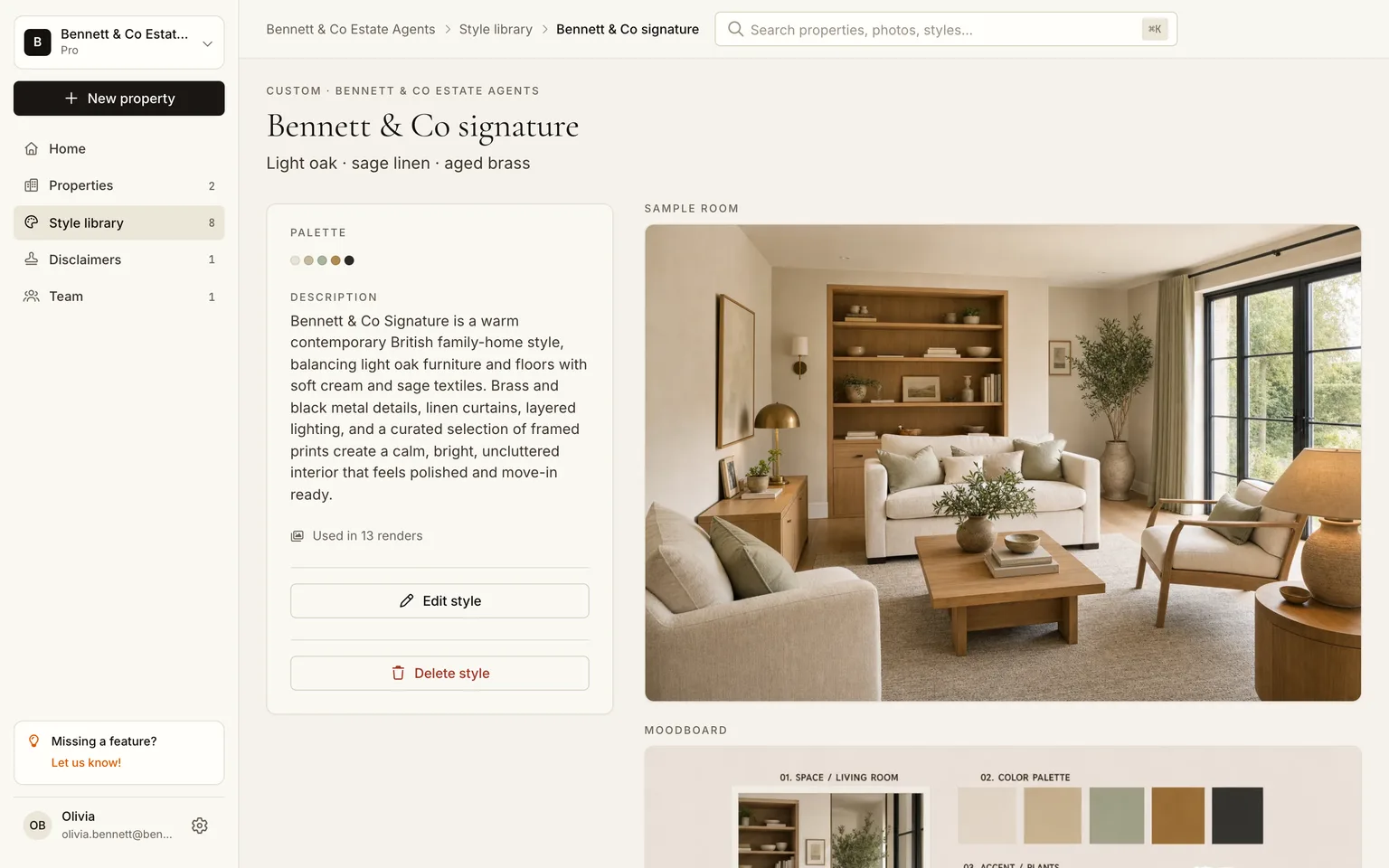 A custom style page with palette, description, sample room and mood board