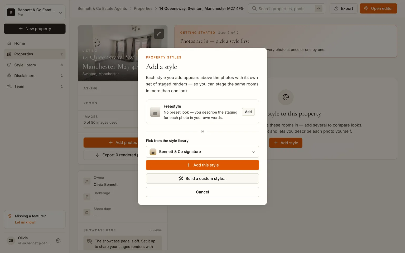 The Add a style dialog with the agency's custom style selected