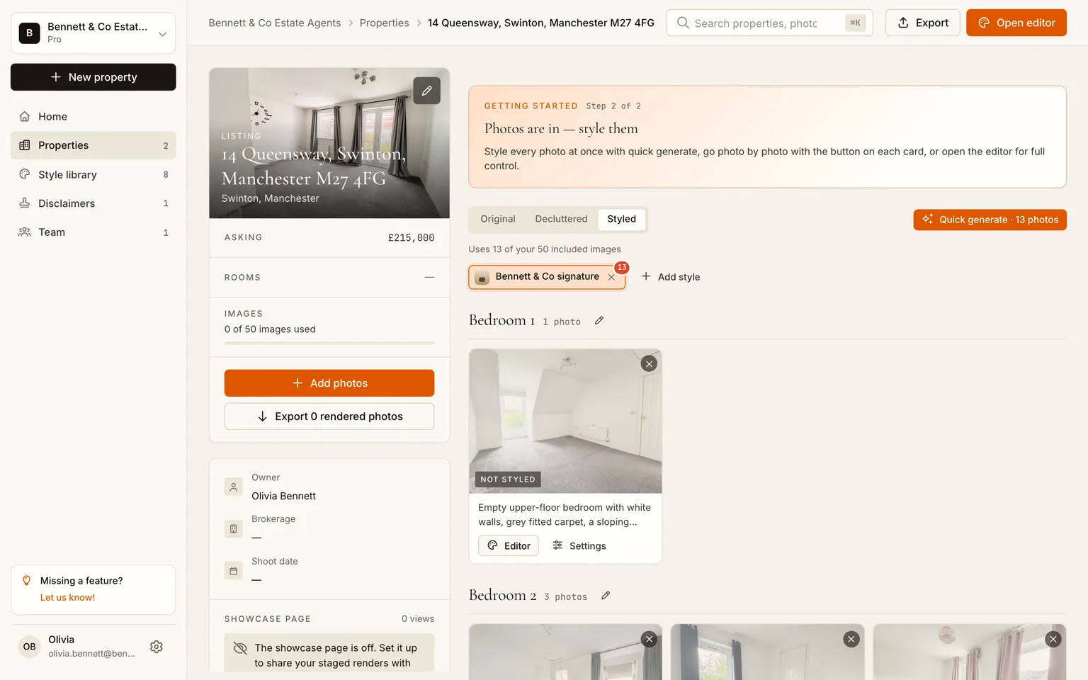 The Styled tab before rendering, with the Quick generate button and the cost line