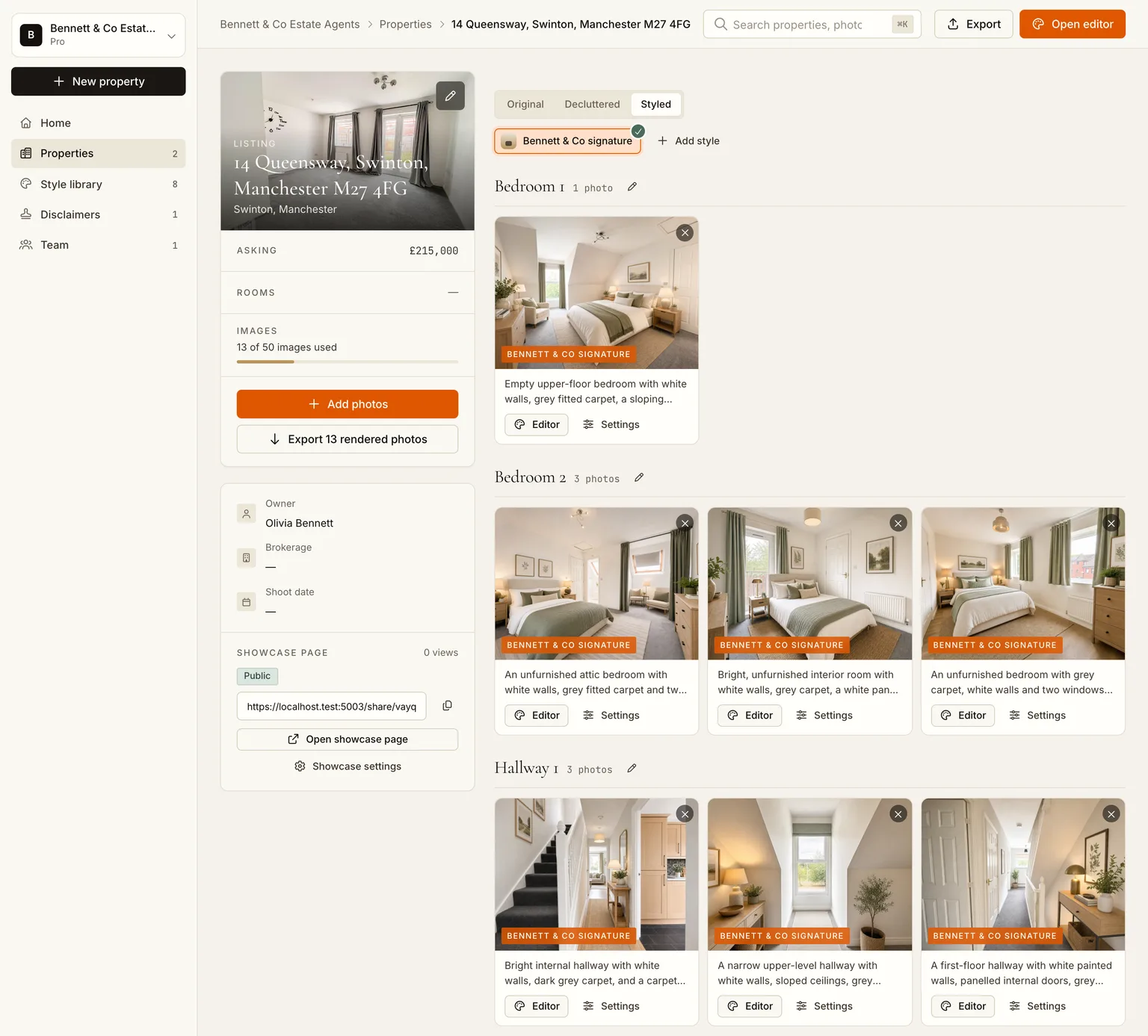 The Styled tab with every room of the listing staged in the agency style