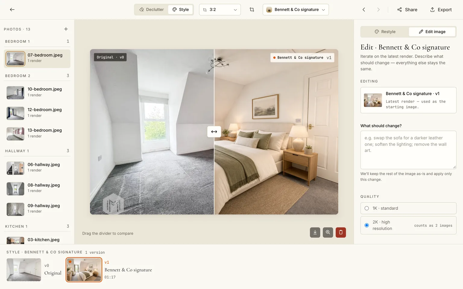 The editor comparing a staged bedroom with the original, with the render panel and version strip