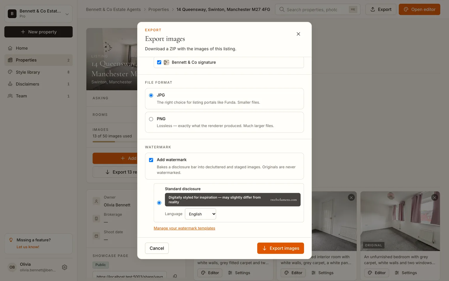 The export dialog with JPG format and the disclosure bar preview