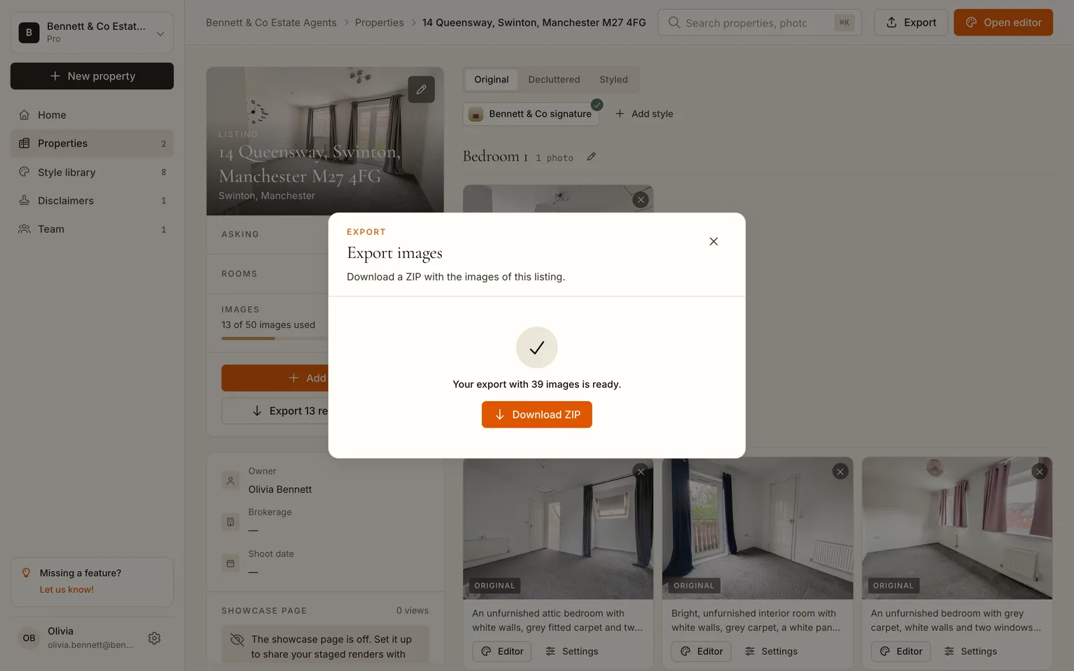 The export dialog with the finished ZIP ready to download